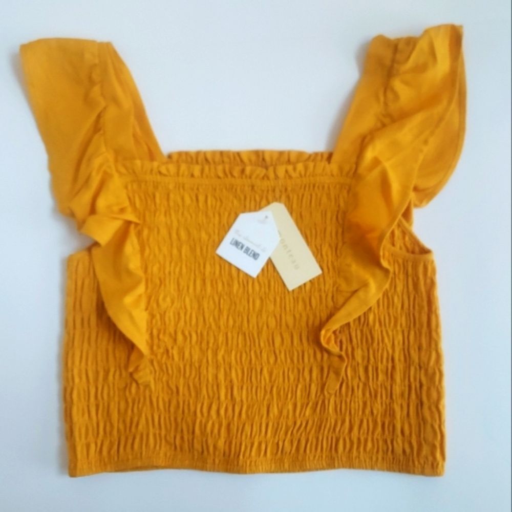 NWT Ladies Monteau Gold Linen Blend Stretch Tank Top W/Ruffle Cap Sleeves Size L
